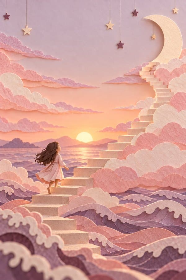Papier-Diorama: Treppen steigen vom Meer zum Mond auf