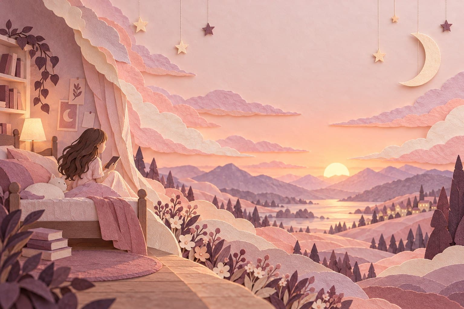 Papier-Diorama: Ein Mädchen liegt auf ihrem Bett mit dem Handy; die Wand reißt auf zu einem Morgenhimmel mit Mond